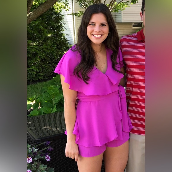 Pink lily, magenta wrap romper with deep v and tie waist, size medium - Picture 1 of 4
